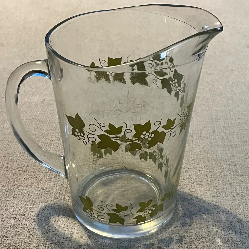 Vintage Clear Glass Pitcher Olive Green Grapevine Leaf Pattern Mid Century Style